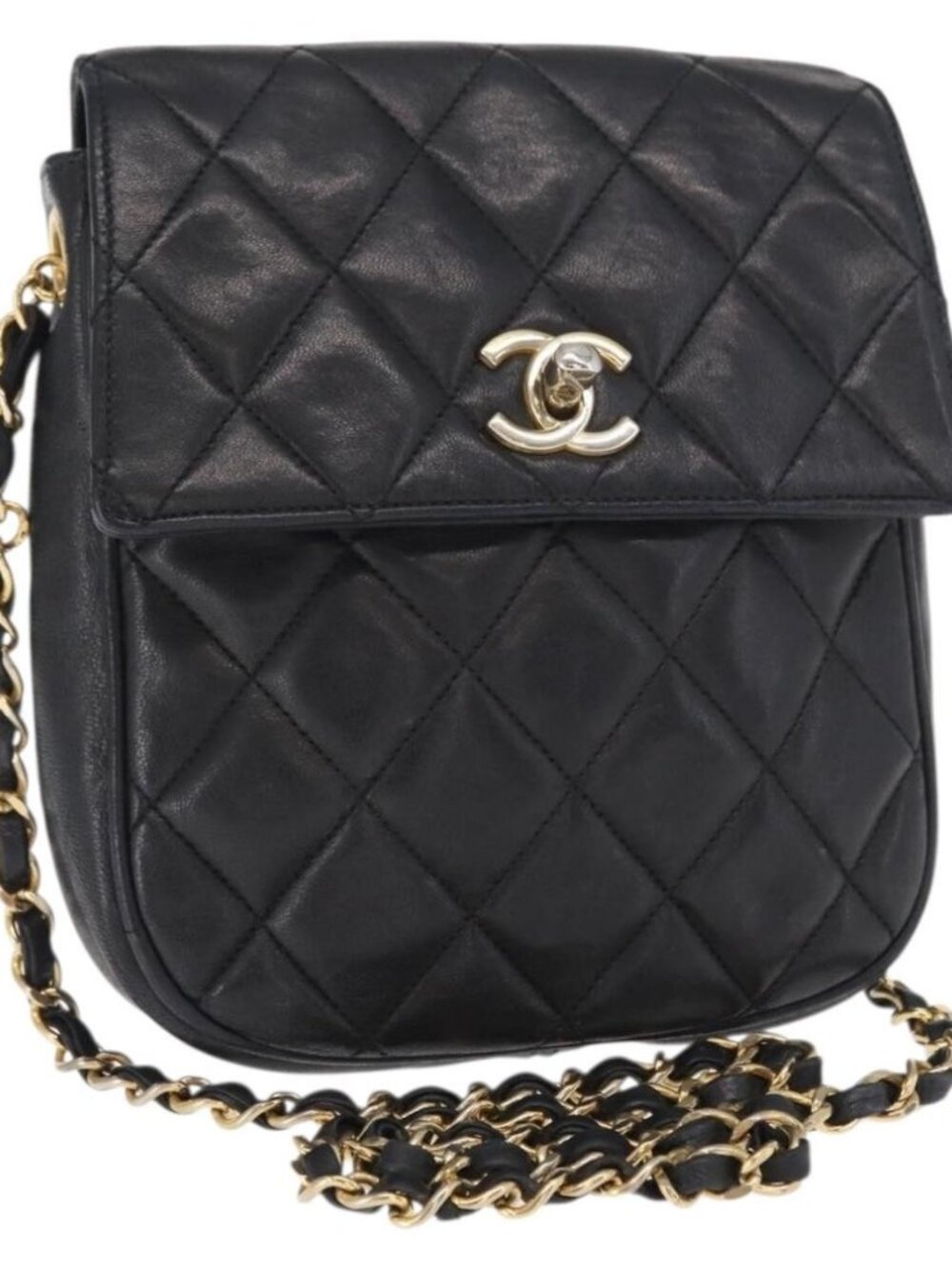 CHANEL Matelasse Chain Bag Lamb Skin Black gold CC Auth 160245